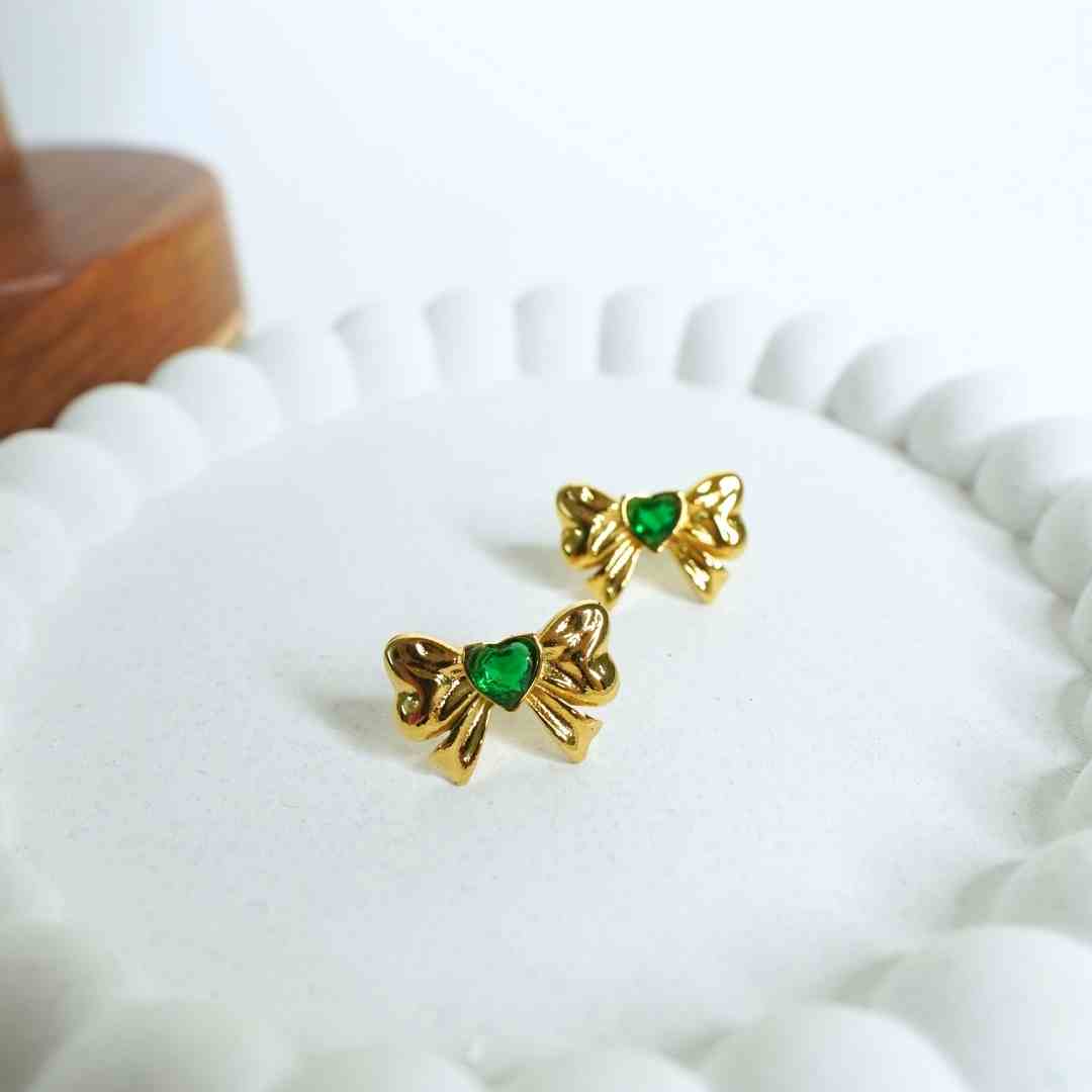 Emerald Bow Heart Stud Earrings