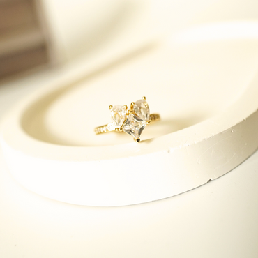 18K gold-plated open ring featuring two pear-cut and one heart-cut cubic zirconia stones — anti-tarnish, adjustable cocktail ring for women.”