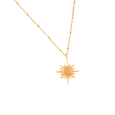 18K gold-plated sunburst pendant necklace with minimalist orange enamel center on a delicate chain from Ashara Jewels