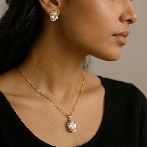 Celeste Oval Necklace & Stud Earring Set – 18K gold-plated stainless steel jewellery set