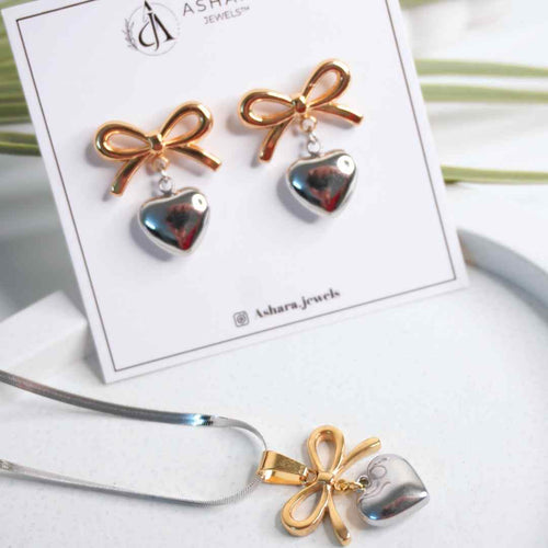 Bow & Heart Necklace & Earrings Set – 18K gold-plated stainless steel jewellery set