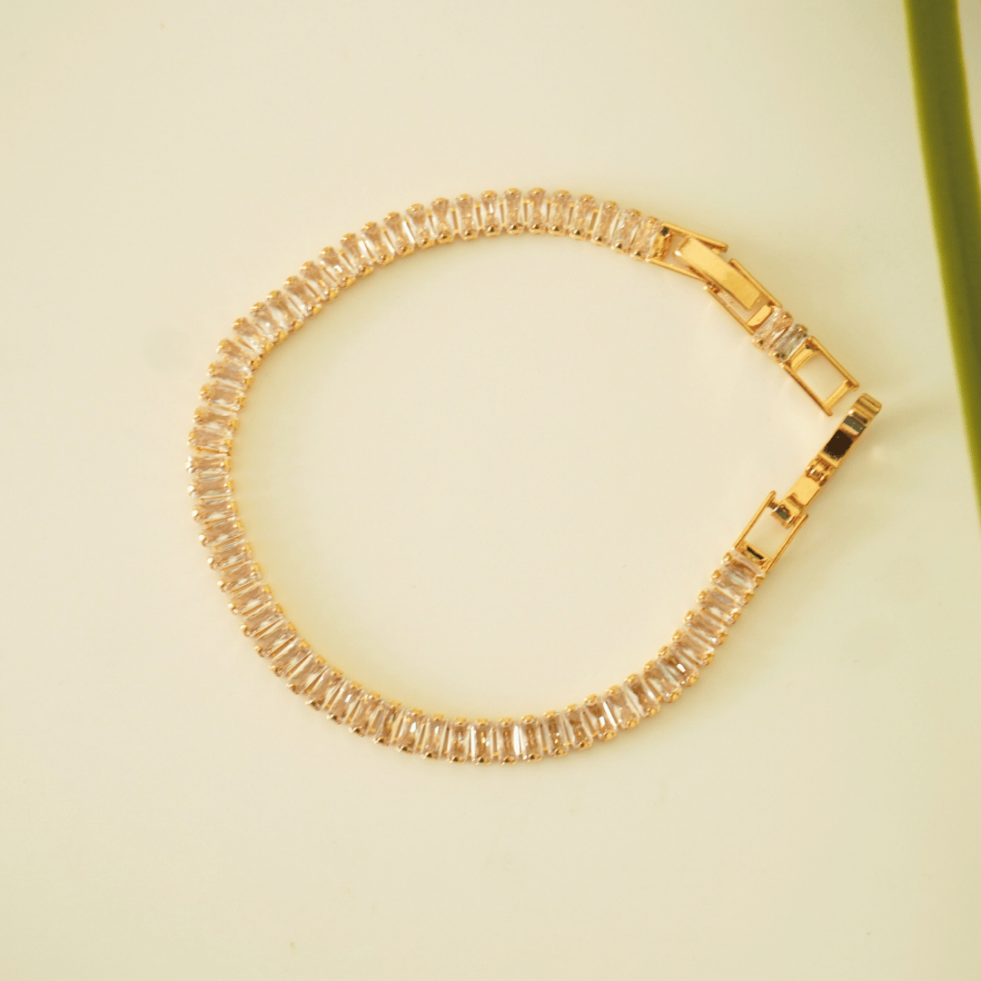 Rose Radiance Tennis Bracelet – Rectangular Scissor-Cut CZ, Gold-Plated Copper