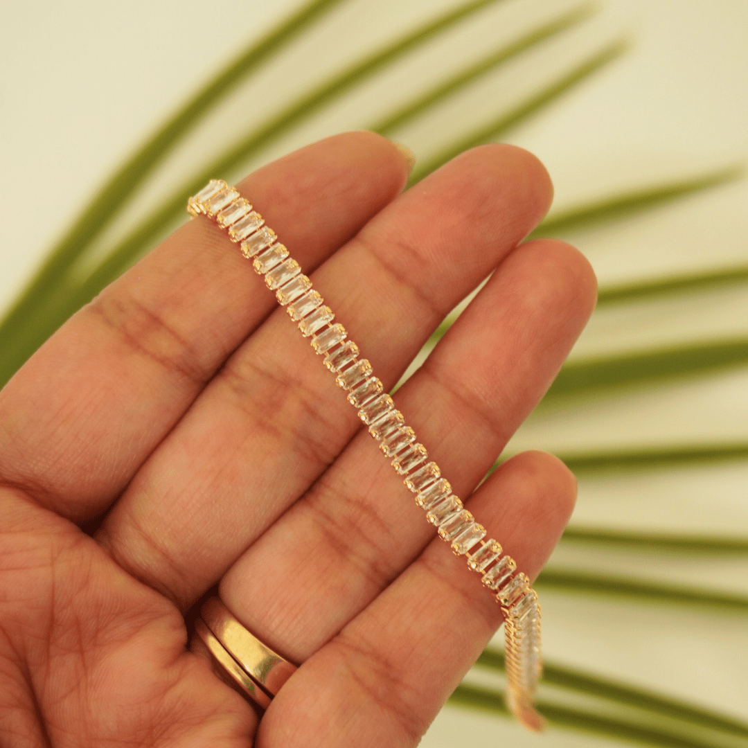 Rose Radiance Tennis Bracelet – Rectangular Scissor-Cut CZ, Gold-Plated Copper