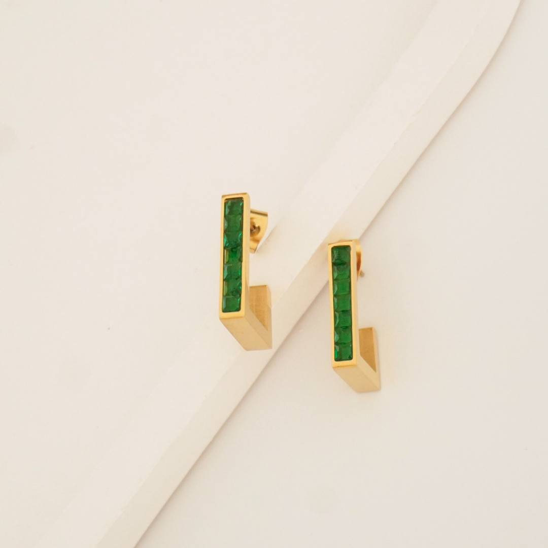 Green rectangular stone drop earrings in 18K gold plating – geometric design, waterproof and anti-tarnish by Ashara Jewels