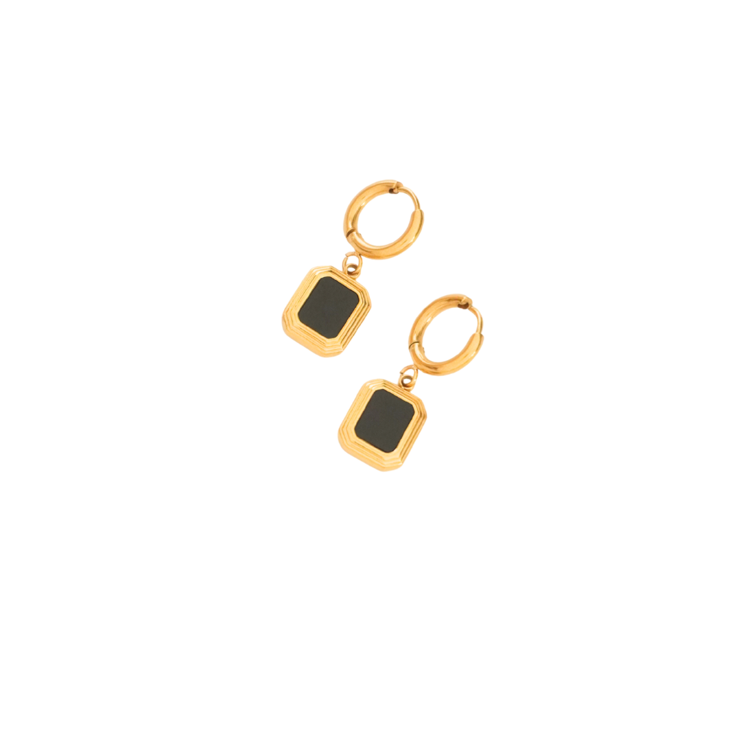 18K gold-plated stainless steel hoop earrings with black enamel charm – waterproof and anti-tarnish by Ashara Jewels