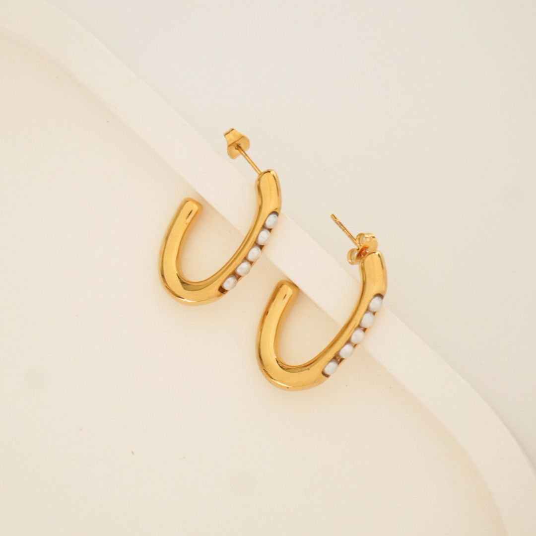 Luna Pearl Curve Hoop Earrings – 18K Gold Plated | Ashara Jewels