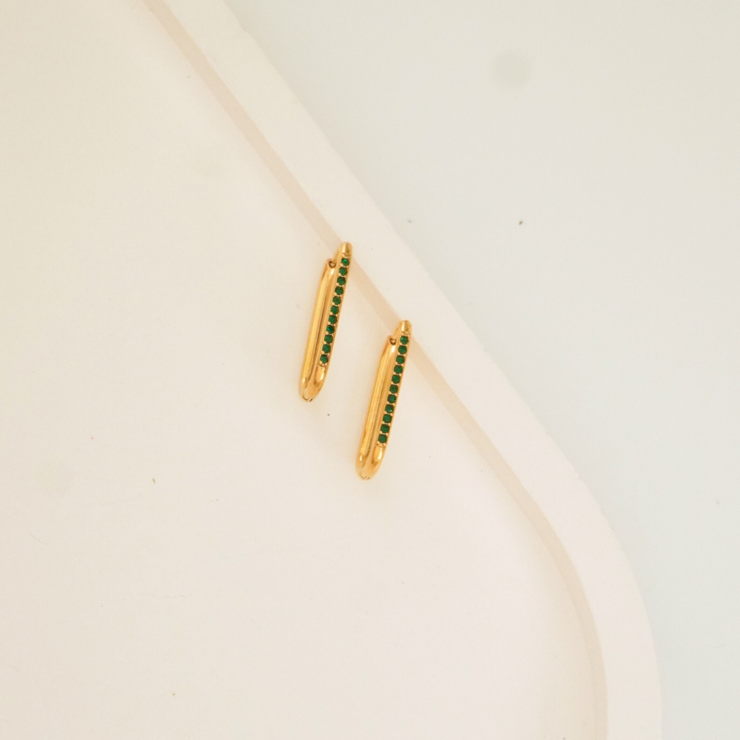 Elongated gold hoop earrings with green stones – 18K gold plated, waterproof, anti-tarnish minimalist earrings by Ashara Jewels