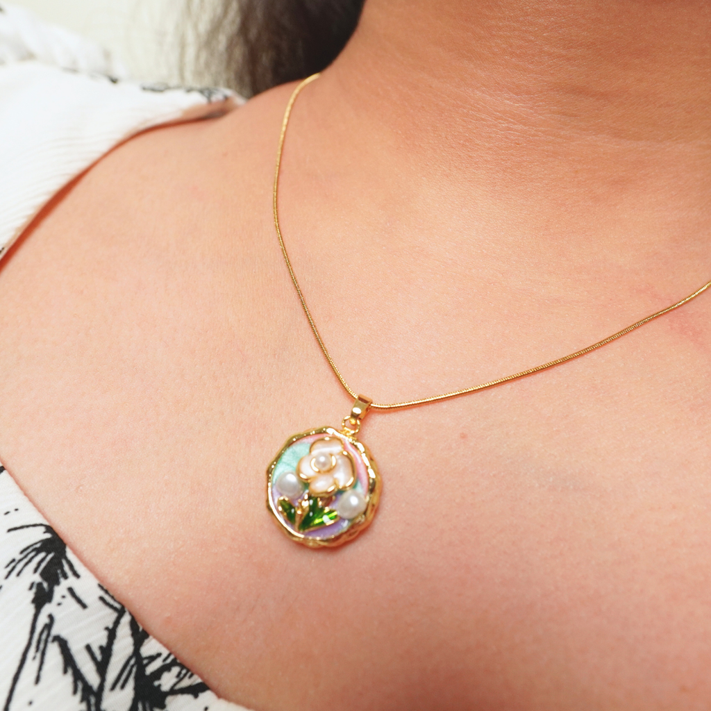 Garden Whisper Enamel Pendant Necklace – 18K gold-plated stainless steel pendant necklace, view 2
