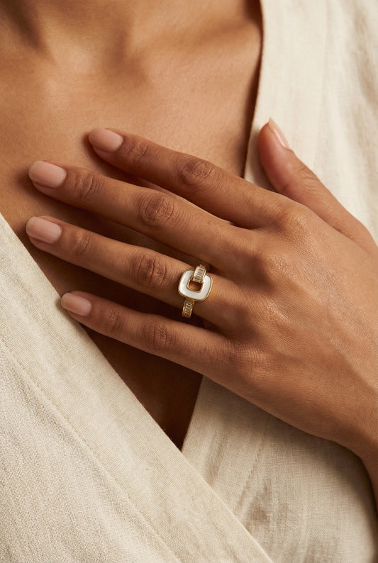 White Enamel Baguette Ring-Adjustable