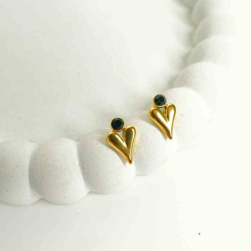 Green Stone Heart Stud Earrings – 18K gold-plated stainless steel stud earrings
