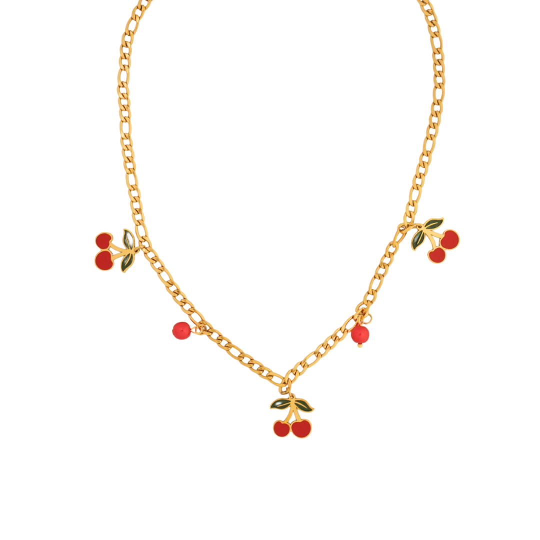 Ashara Jewels Cherry Blush Necklace – a playful gold chain necklace with red cherry enamel charms from the Flora Collection.
