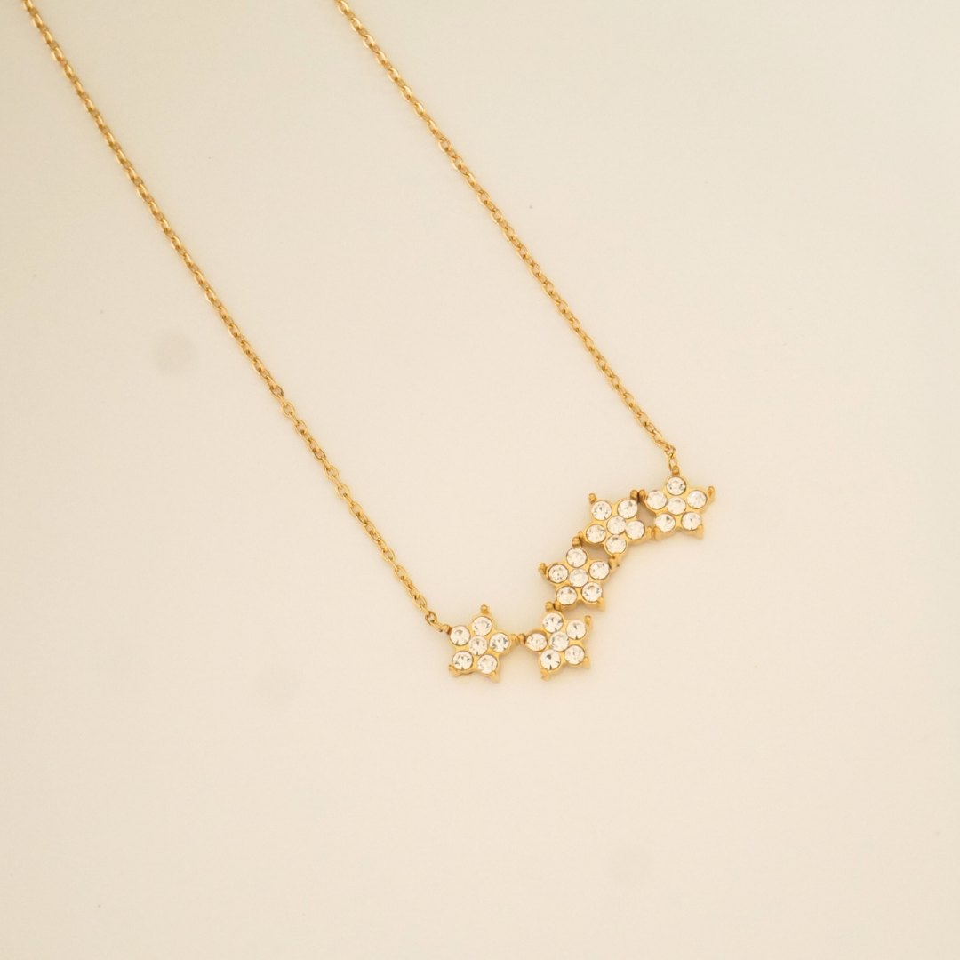 Close-up of Ashara Jewels’ Daisy Drift Necklace – a floral crystal cluster necklace in 18K gold-plated stainless steel, perfect for everyday elegance.