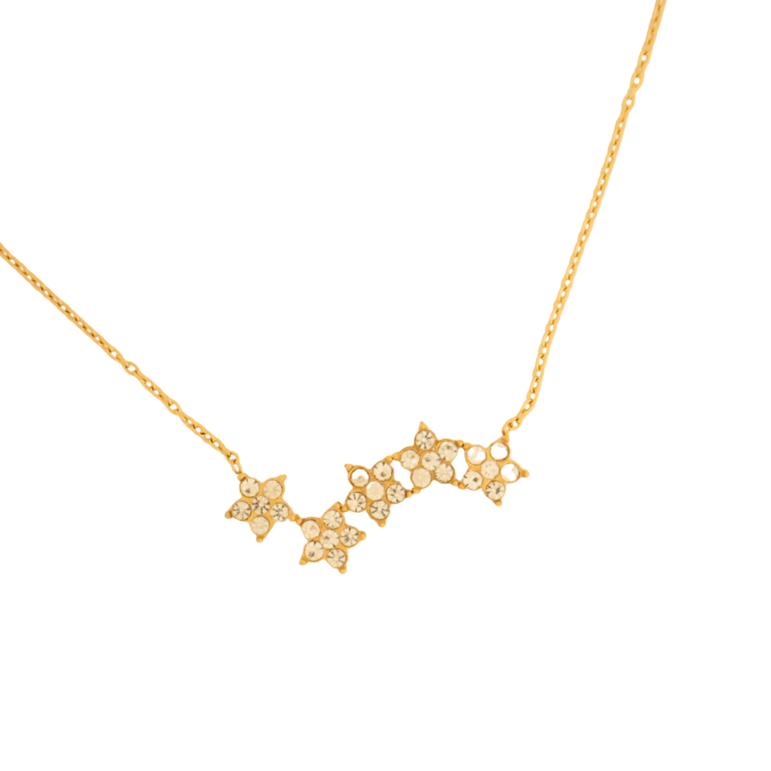 Close-up of Ashara Jewels’ Daisy Drift Necklace – a floral crystal cluster necklace in 18K gold-plated stainless steel, perfect for everyday elegance.