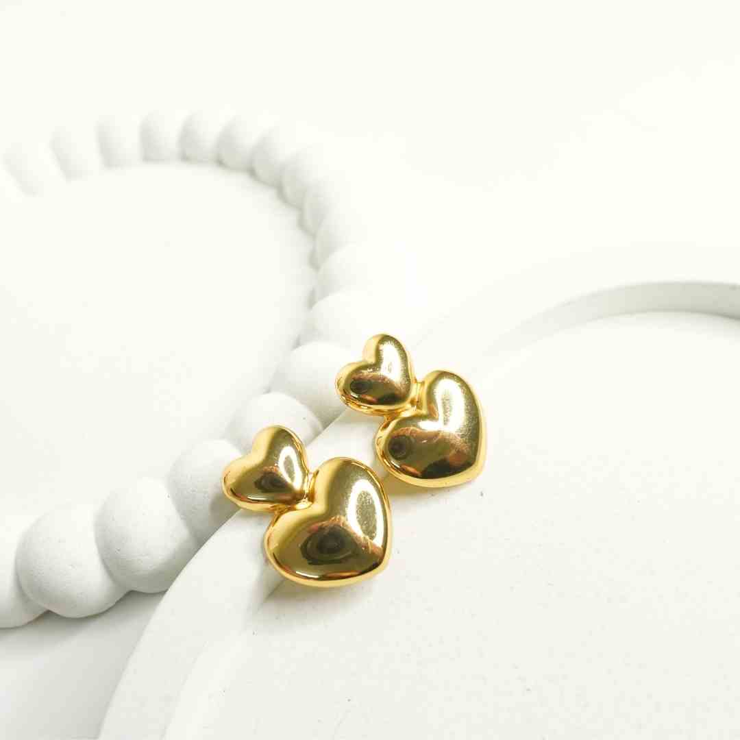 Double Heart Gold Stud Earrings