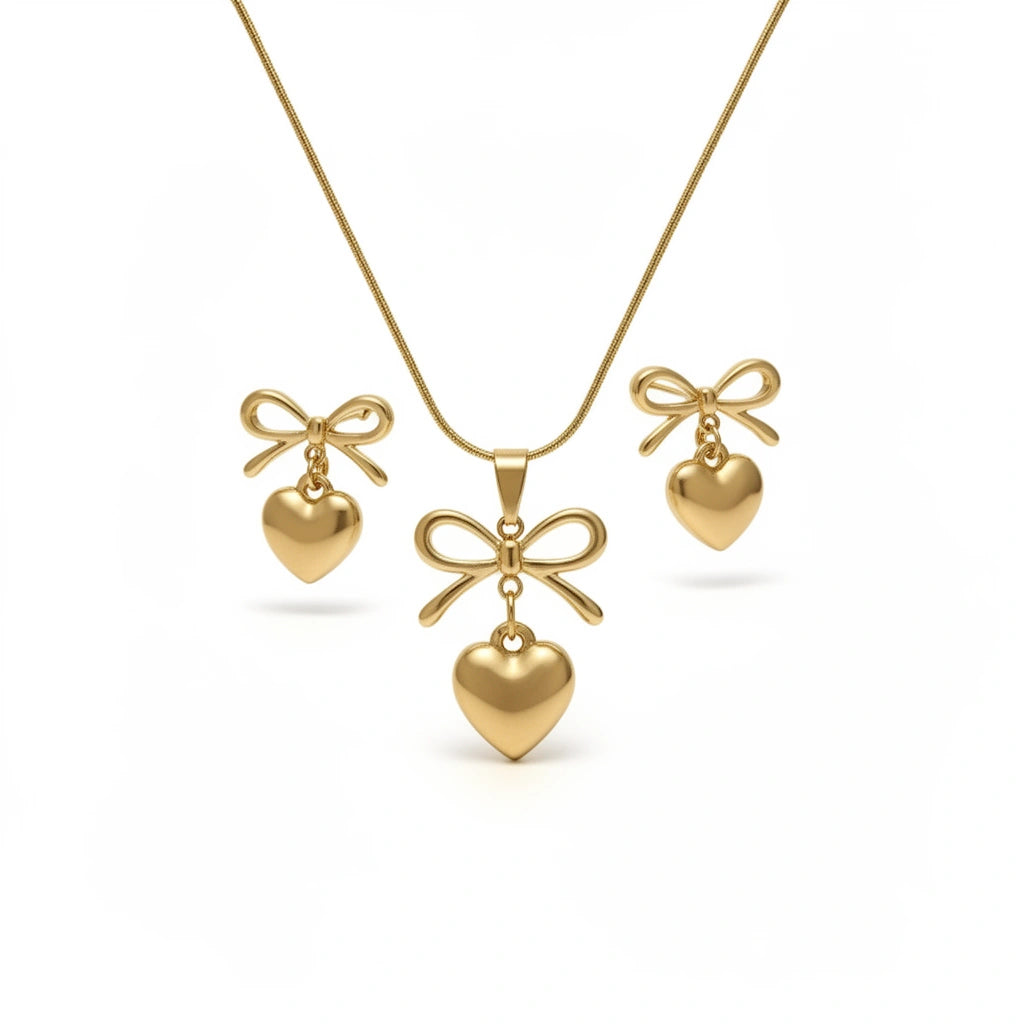 Bow Heart Charm Necklace & Earrings Set