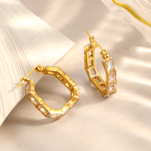Geometric Crystal Gold Hoop Earrings – 18K gold-plated stainless steel hoop earrings