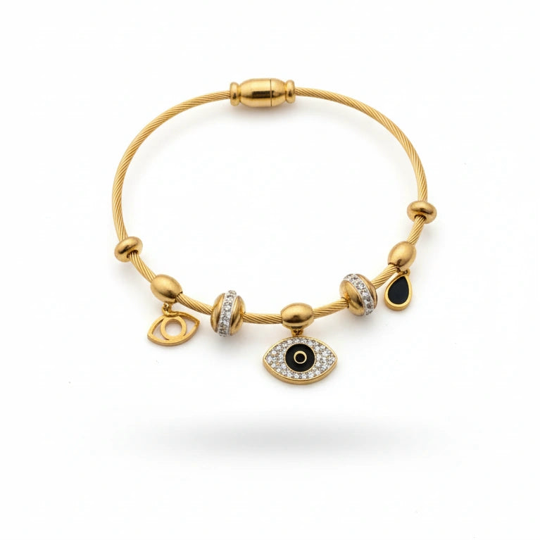 Elysia Evil Eye Charm Bracelet – 18K gold-plated stainless steel charm bracelet, view 2