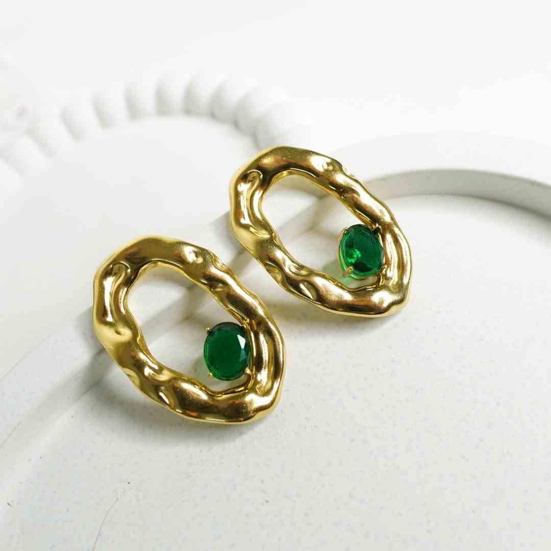 Molten Gold Emerald Oval Earrings