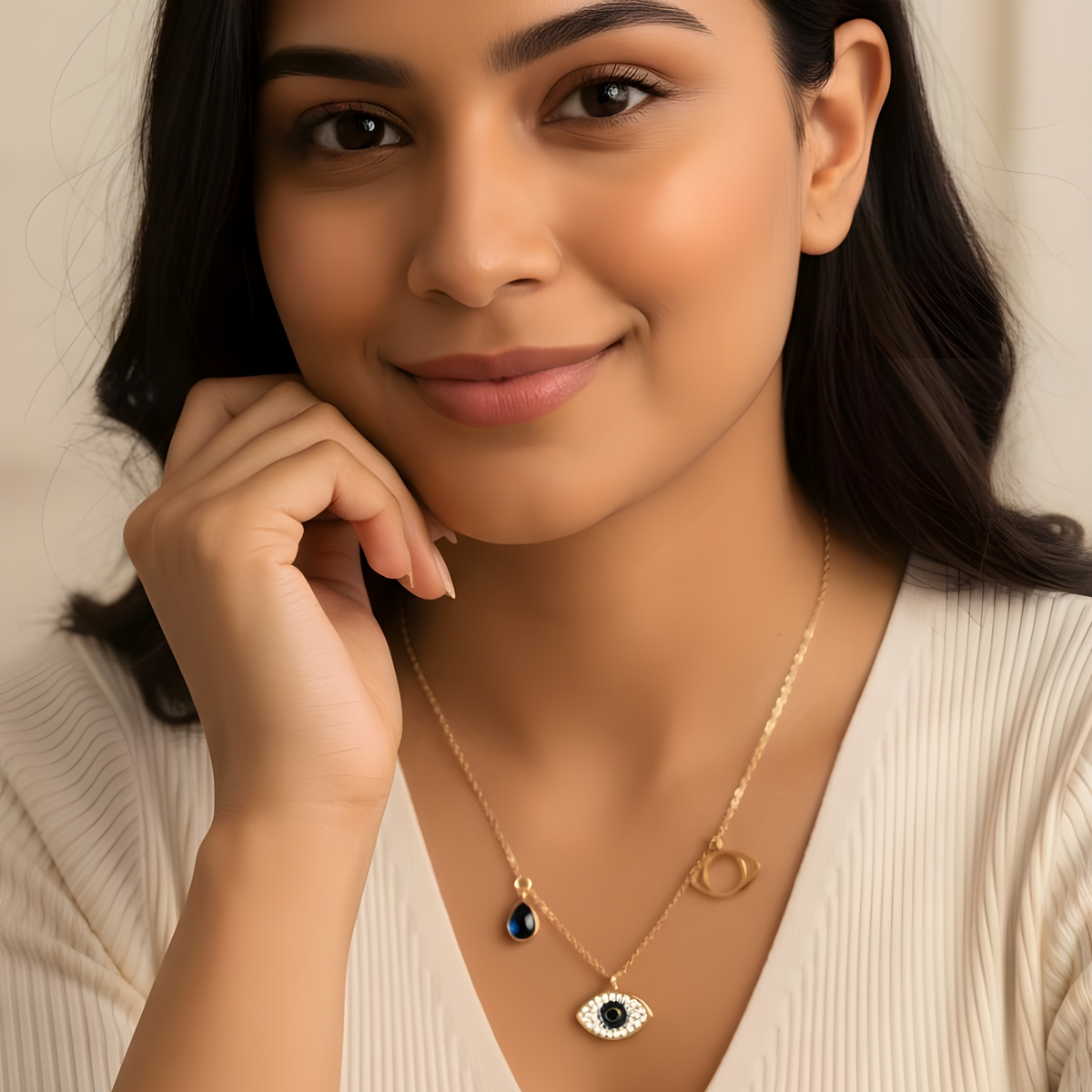Layered Evil Eye & Classic Circle Pendant Necklace – 18K gold-plated brass layered necklace