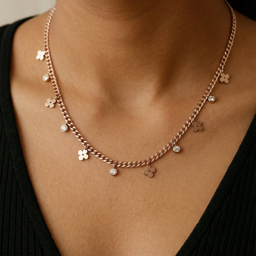 Floral Charm Cuban Necklace – 18K rose gold-plated stainless steel charm necklace