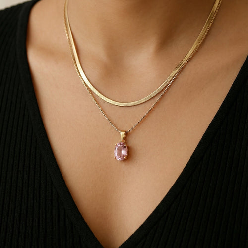 Pink Oval Stone Pendant Necklace – 18K gold-plated stainless steel pendant necklace
