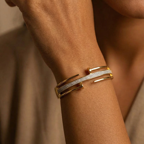 Crystal Line Open Cuff Bracelet – 18K gold-plated stainless steel cuff bracelet