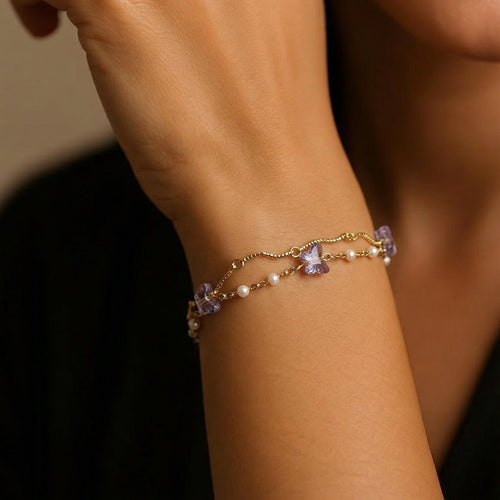 Butterfly Pearl Charm Bracelet – 18K gold-plated stainless steel bracelet