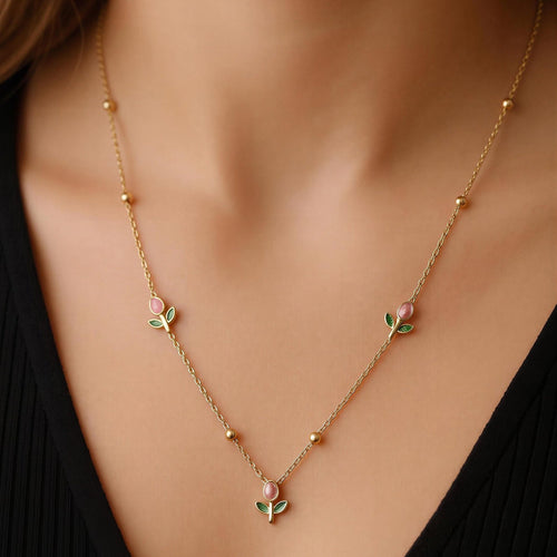 Roselle Bloom Necklace – 18K gold-plated stainless steel necklace with pink floral motifs