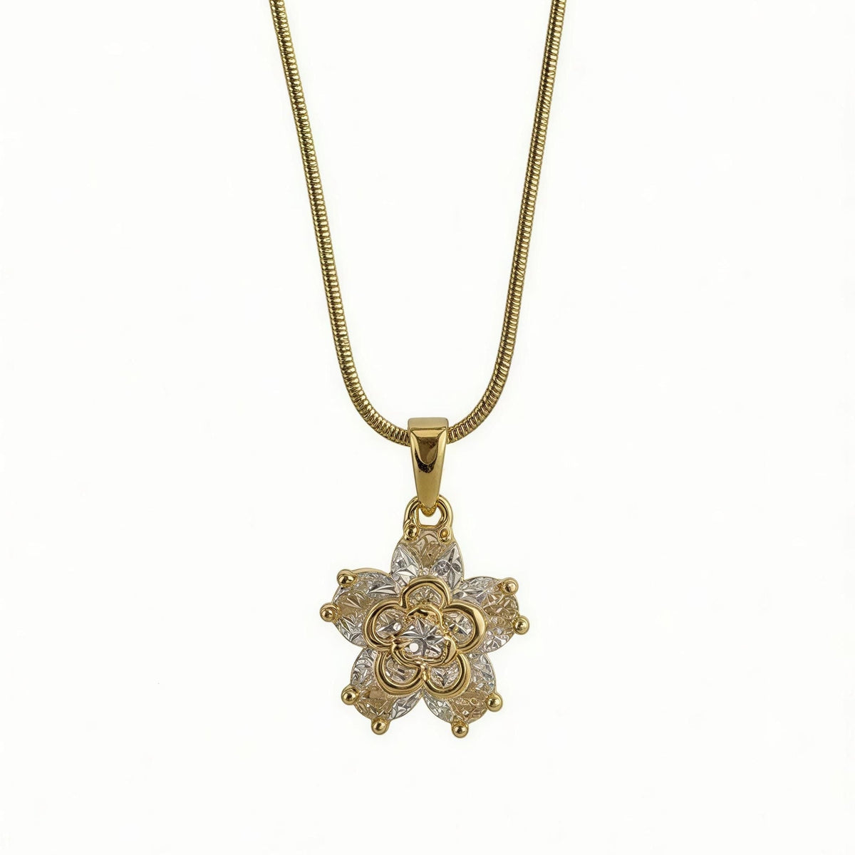 Roselle Floral Pendant Necklace – 18K gold-plated stainless steel floral pendant necklace, view 2