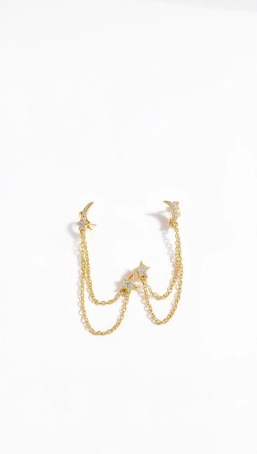 Moon & Star Dual Stud Chain Ball Back Earrings