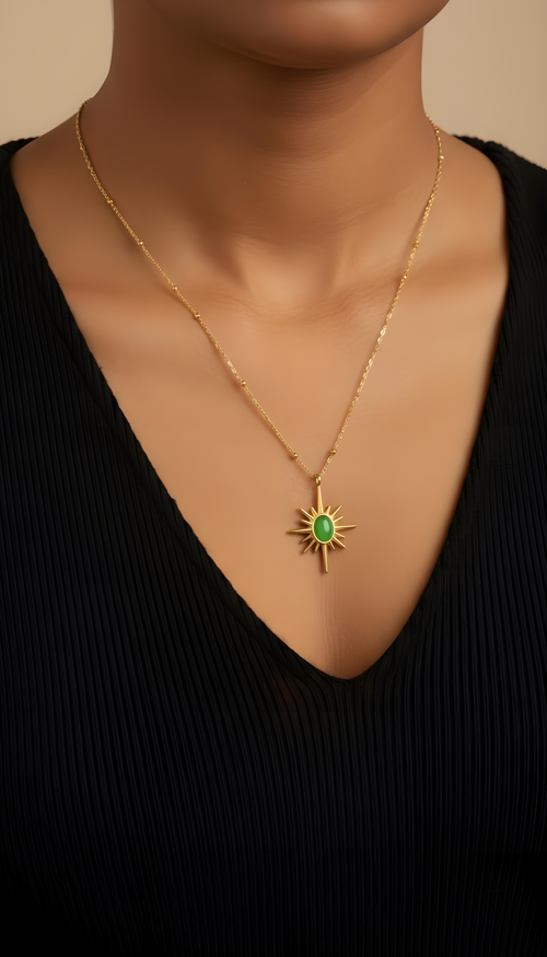 Sunburst Green Stone Necklace – 18K gold-plated pendant necklace