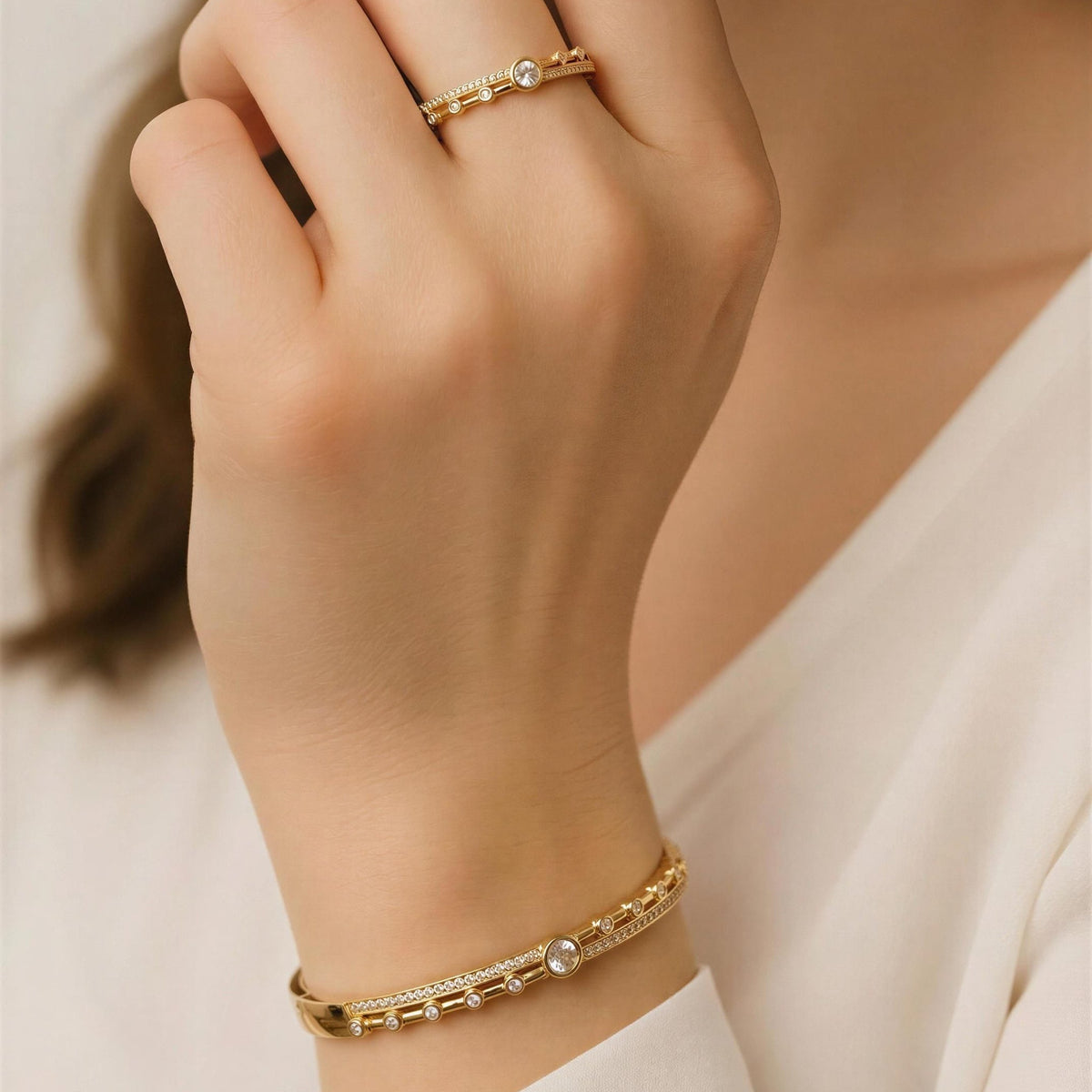 Luna Halo Bracelet & Ring Set – 18K gold-plated stainless steel bracelet and ring set, view 2
