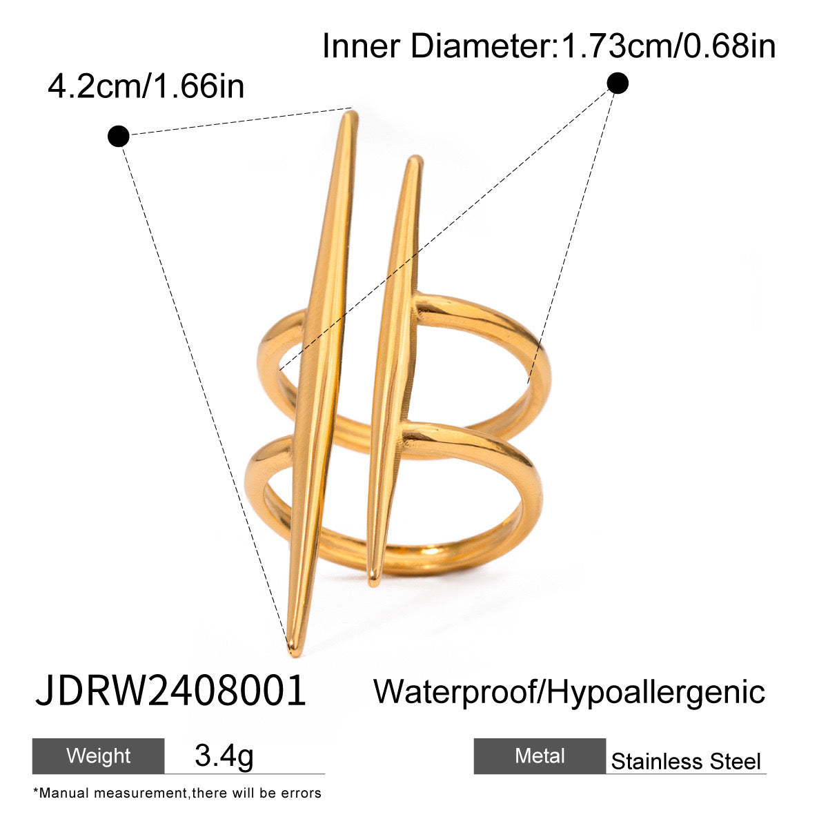 Ashara Triple Spike Statement Ring – 18K gold-plated stainless steel adjustable ring, view 3