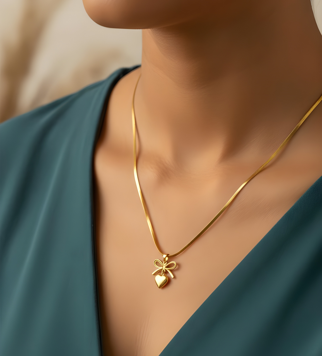 Ashara Heart Bow Necklace in 18K gold-plated stainless steel, a Karwa Chauth gift for wife