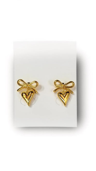 Golden Bow Pointed Heart Drop Earrings