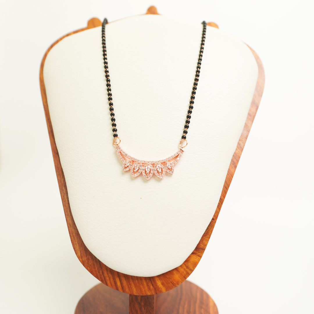 Lace pattern rose gold mangalsutra with CZ stones and black beads, anti-tarnish stainless steel
