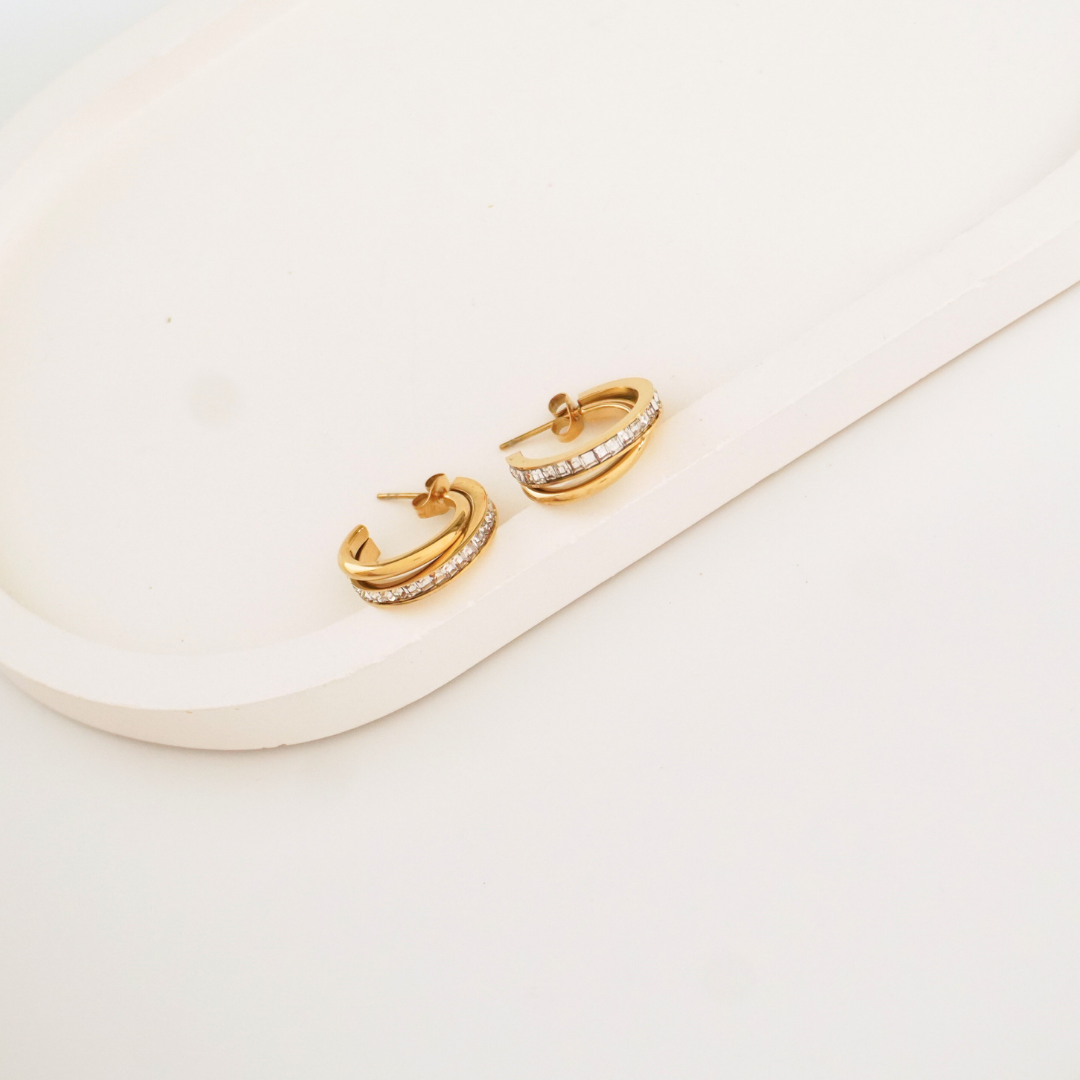 Double hoop earrings with zircon stone detail – 18K gold plated, anti-tarnish and waterproof by Ashara Jewels
