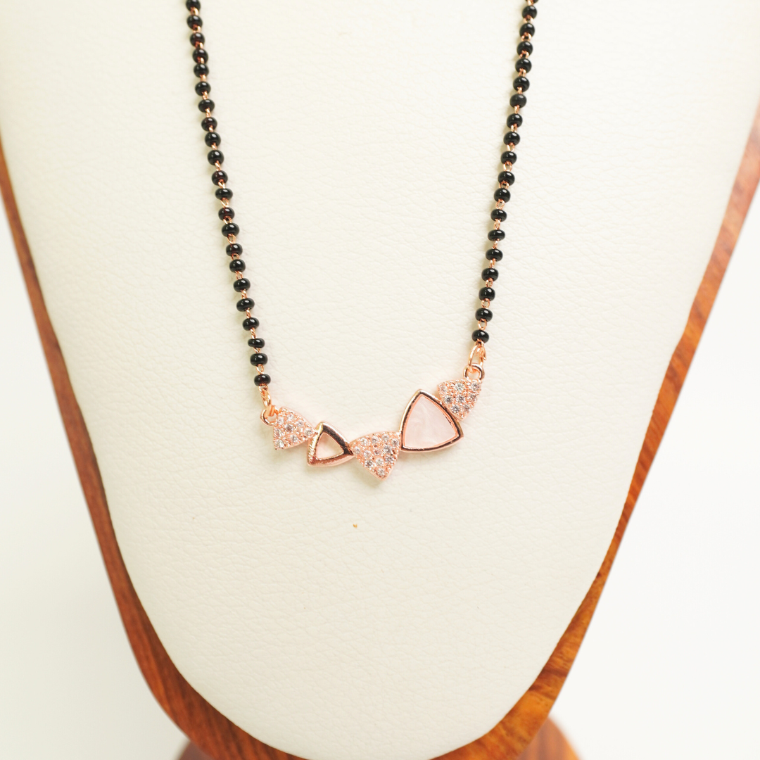 Triangle design rose gold mangalsutra with CZ sparkle and black bead chain, anti-tarnish stainless steel