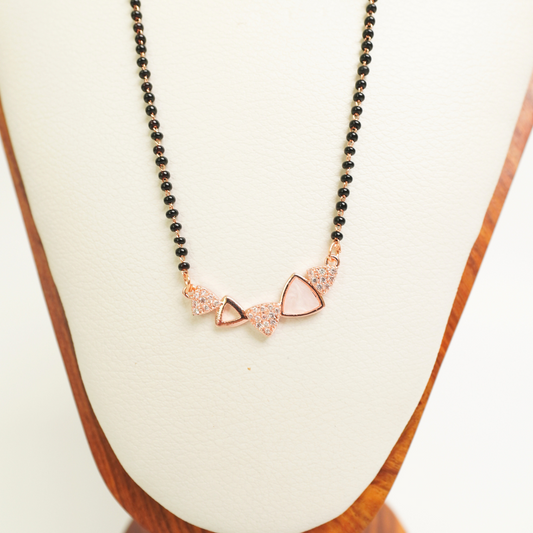 Triangle design rose gold mangalsutra with CZ sparkle and black bead chain, anti-tarnish stainless steel