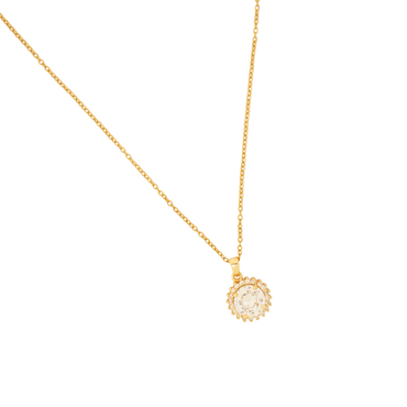 18K gold-plated round solitaire pendant necklace with halo-style cubic zirconia stones on a classic chain from Ashara Jewels.