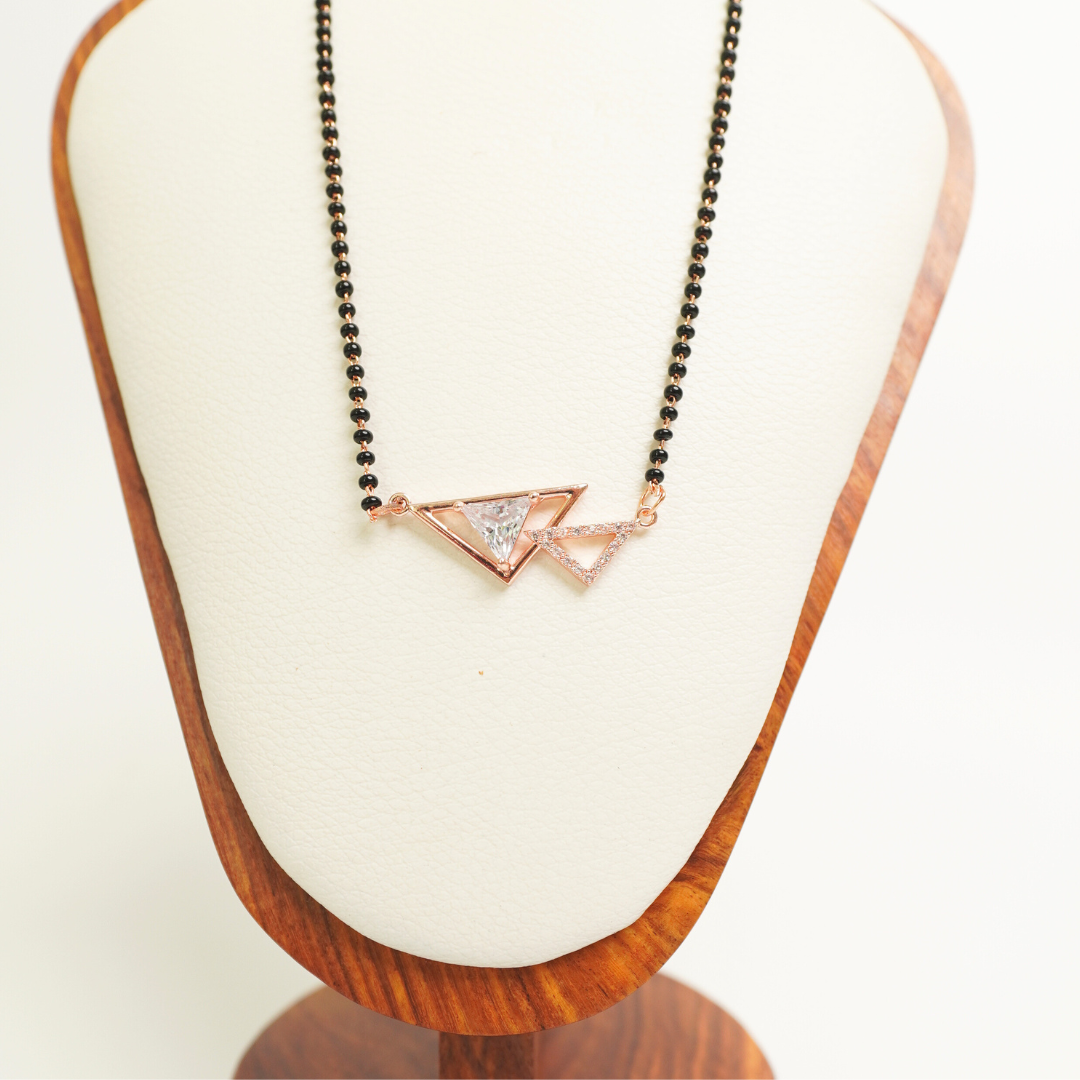 Double triangle rose gold mangalsutra with CZ stones on black bead chain, anti-tarnish stainless steel