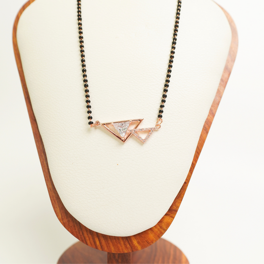 Double triangle rose gold mangalsutra with CZ stones on black bead chain, anti-tarnish stainless steel