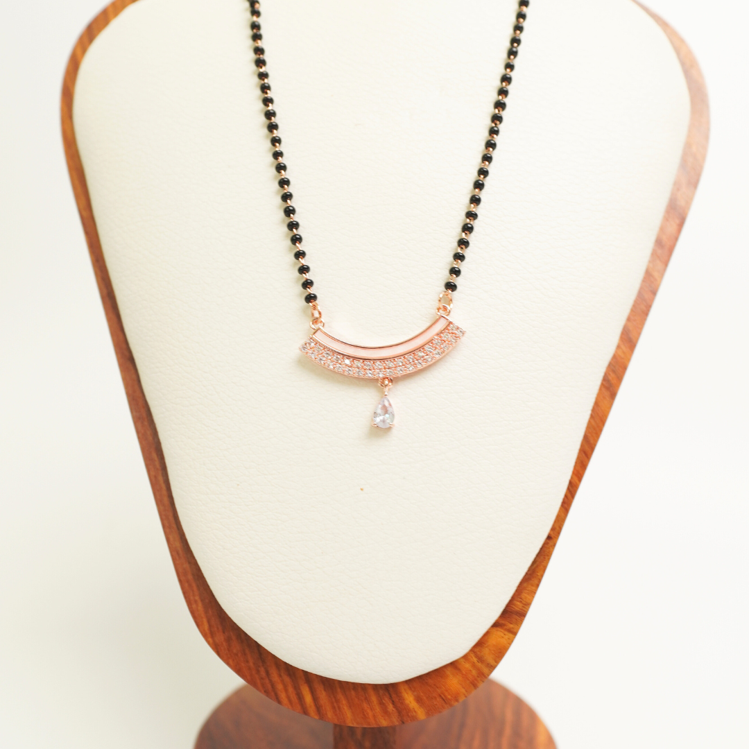 Crescent design rose gold mangalsutra with CZ teardrop and black bead chain, anti-tarnish stainless steel
