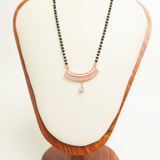 Crescent design rose gold mangalsutra with CZ teardrop and black bead chain, anti-tarnish stainless steel
