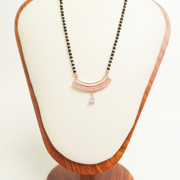 Crescent design rose gold mangalsutra with CZ teardrop and black bead chain, anti-tarnish stainless steel
