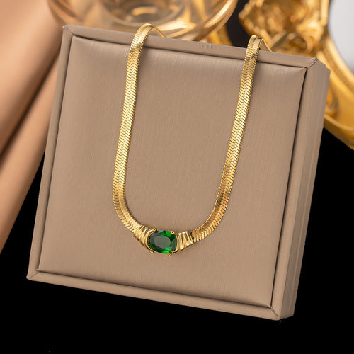Ashara Emerald Glow Herringbone Necklace – 18K gold-plated stainless steel necklace