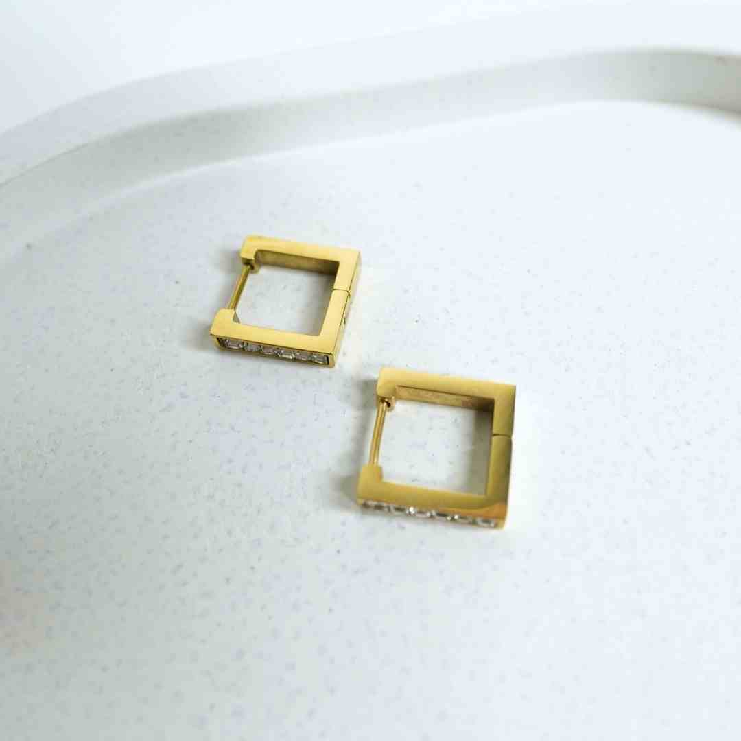 Golden Square Crystal Huggie Earrings