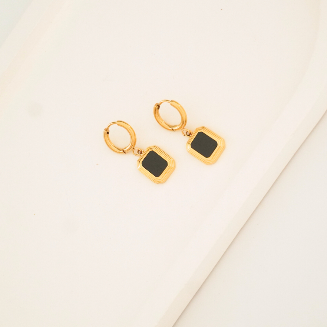 18K gold-plated stainless steel hoop earrings with black enamel charm – waterproof and anti-tarnish by Ashara Jewels