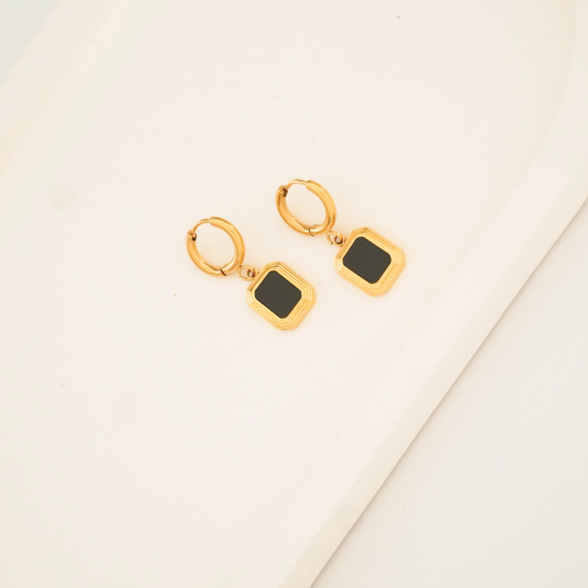18K gold-plated stainless steel hoop earrings with black enamel charm – waterproof and anti-tarnish by Ashara Jewels