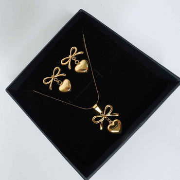Bow Heart Charm Necklace & Earrings Set
